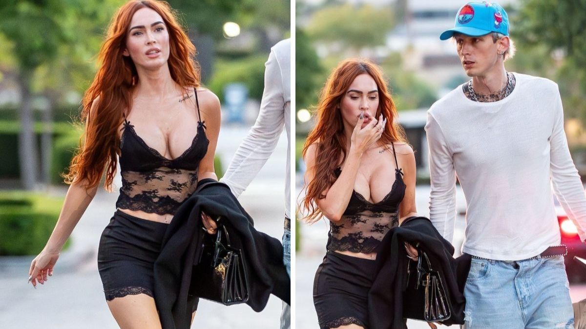 Megan Fox, the renowned Hollywood actress, once again captivates fashion enthusiasts with her impeccable style. Stepping out in Calabasas alongside fiance Machine Gun Kelly, Megan donned a sheer lace top, showcasing her busty assets and paired it with a matching mini-skirt. Her heels, higher than the norm, are setting new fashion standards. See the jaw-dropping picture that has everyone talking!