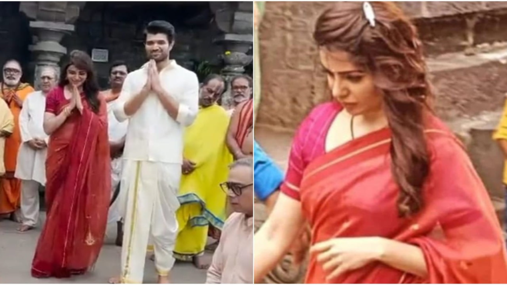  Samantha Ruth Prabhu and Vijay Deverakonda were recently spotted shooting for their upcoming romantic film Kushi at a temple. In the viral photos and videos, Samantha looks stunning in the attire of a new bride, while Vijay complements her in traditional dhoti. Fans are eagerly awaiting the release of the film to witness their impressive chemistry.