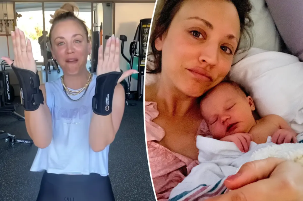 Kaley Cuoco, known for 'Big Bang Theory,' reveals her carpal tunnel syndrome due to holding her baby. Learn about her workout adaptation for recovery.

