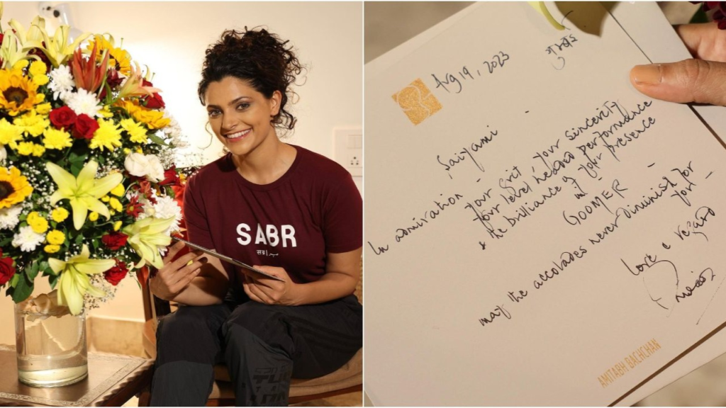 Saiyami Kher expresses her gratitude as she receives a touching handwritten letter from Amitabh Bachchan, commending her exceptional performance in the film Ghoomer. The actress shares her emotional response and reflects on the significance of the gesture in the entertainment industry.