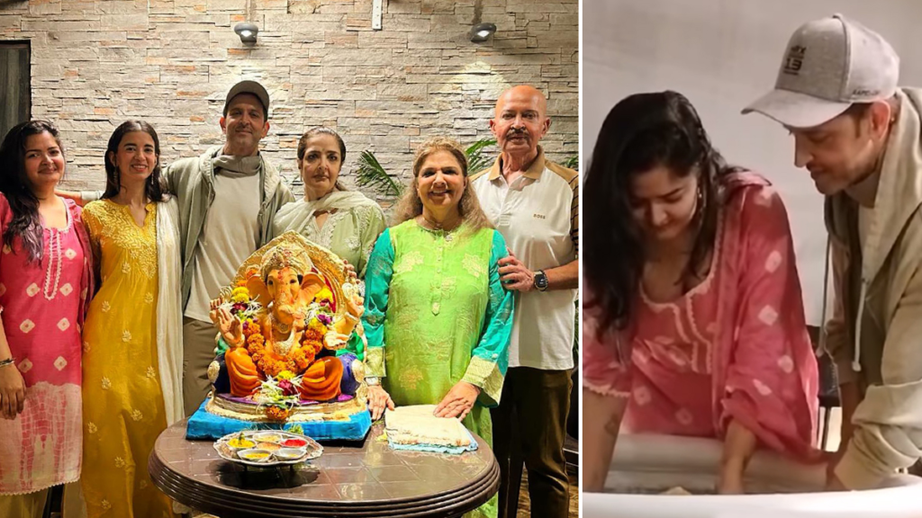 "Hrithik Roshan and Saba Azad join the Roshan family for a joyous Ganpati Visarjan. See the heartwarming moments and pictures of this Bollywood couple's celebration."
