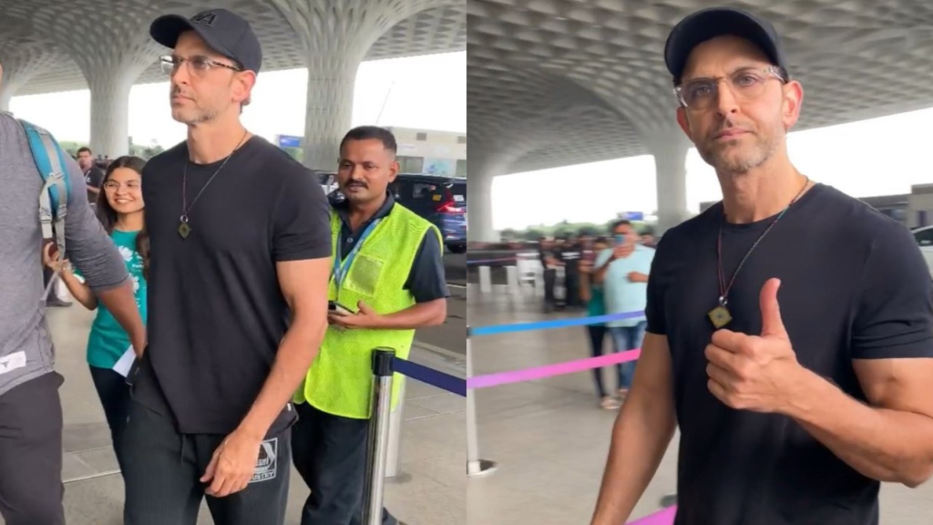 "Bollywood star Hrithik Roshan wows with his stylish all-black attire at the airport as he heads to Italy for the 'Fighter' film shoot."
