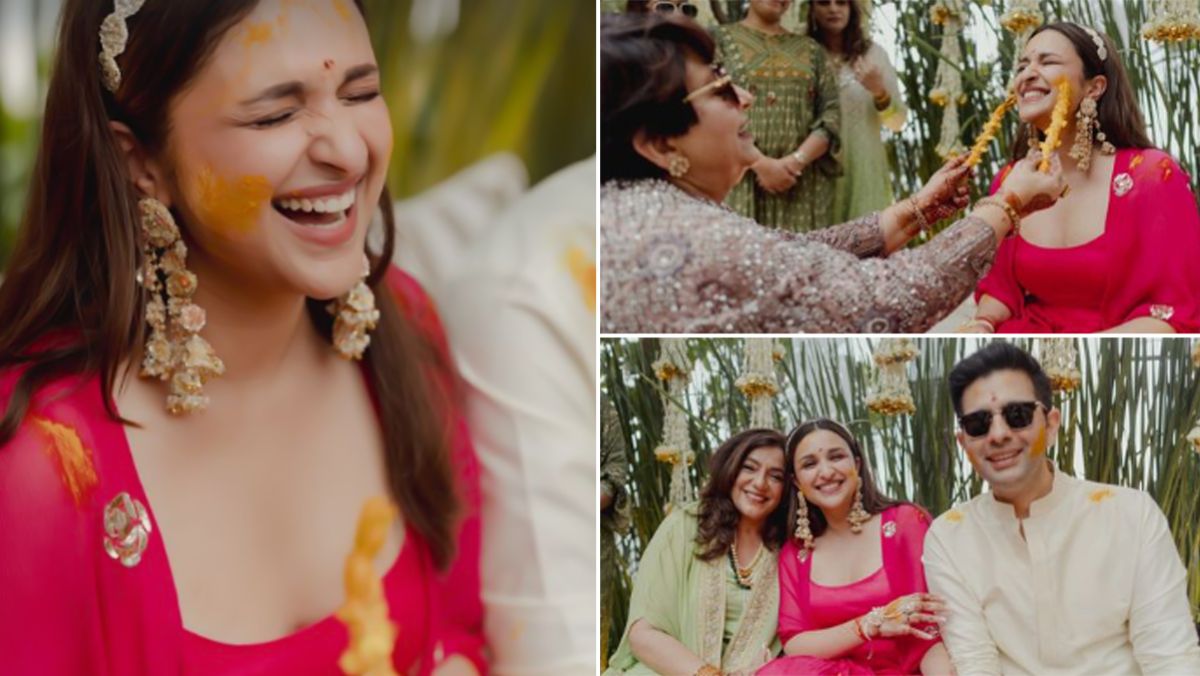 "An unseen haldi ceremony moment: Parineeti Chopra and Raghav Chadha dance joyfully to dhol beats, surrounded by guests at their fairytale wedding."