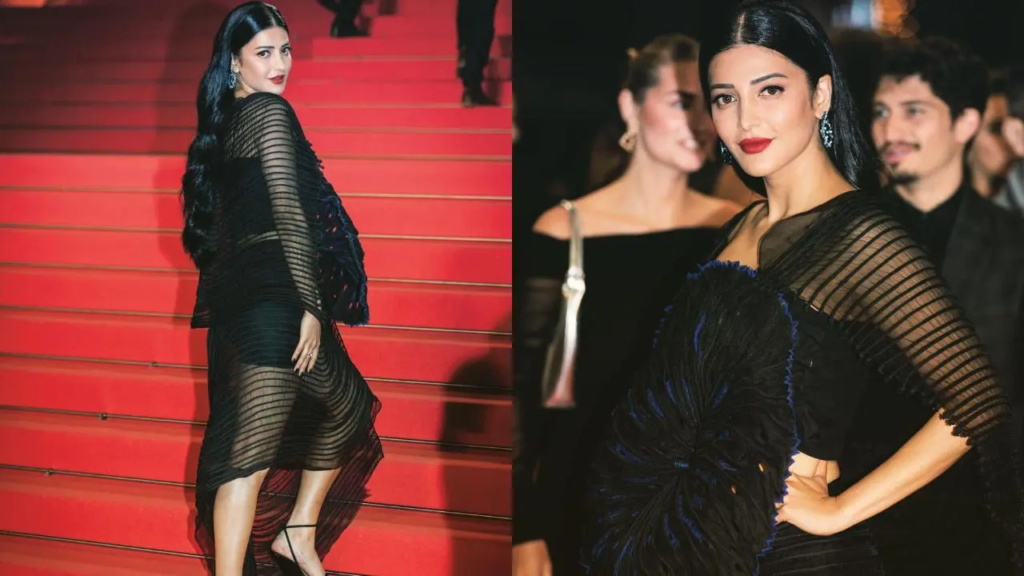 "Shruti Haasan's latest appearance in a dramatic black ensemble, including a sheer top and boots, captured in stunning Mumbai photos."

