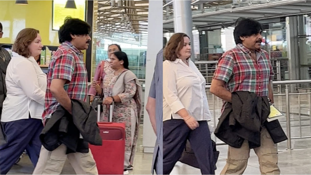 "Pawan Kalyan and Anna Lezhneva's airport fashion steal the show as they head to Varun Tej's grand wedding."
