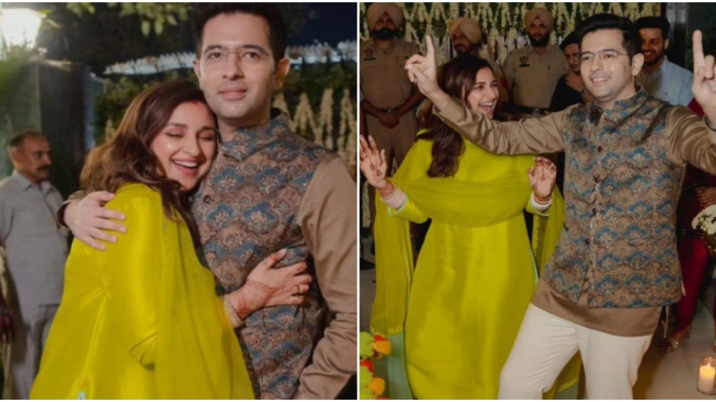 "An unseen haldi ceremony moment: Parineeti Chopra and Raghav Chadha dance joyfully to dhol beats, surrounded by guests at their fairytale wedding."
