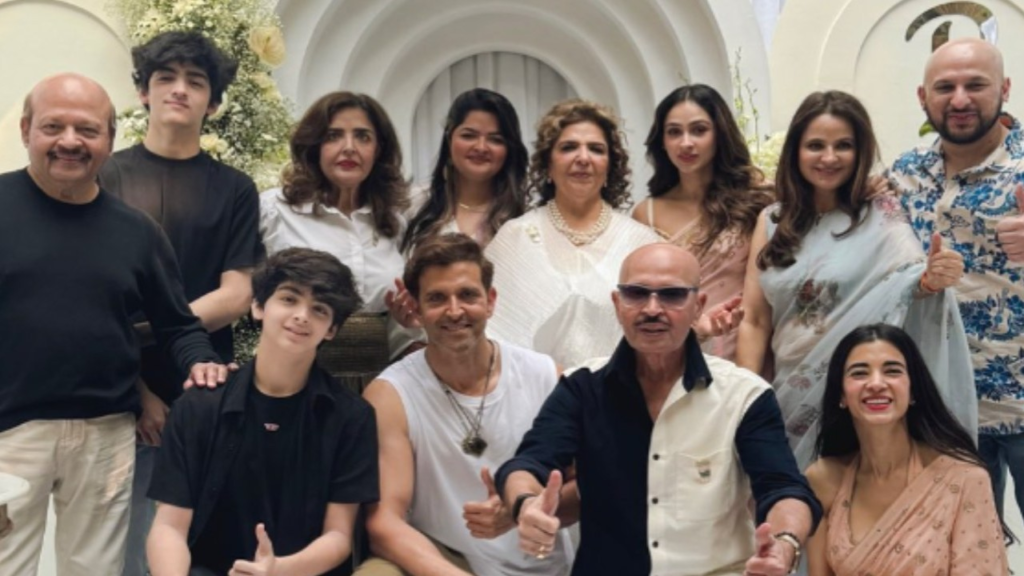 "Actor Hrithik Roshan, alongside his girlfriend Saba Azad and father Rakesh Roshan, celebrates his mother Pinkie Roshan's 70th birthday in a heartwarming family gathering."
