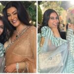 "Sushmita Sen turns heads at Diwali 2023, restyling her iconic beige saree from 2005. Dive into her modern narrative and discover the beauty of sustainable fashion."