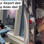 "A TikToker's dad stirs controversy with a 15-hour airplane floor nap, triggering a debate on travel innovation and hygiene concerns. Read more."
