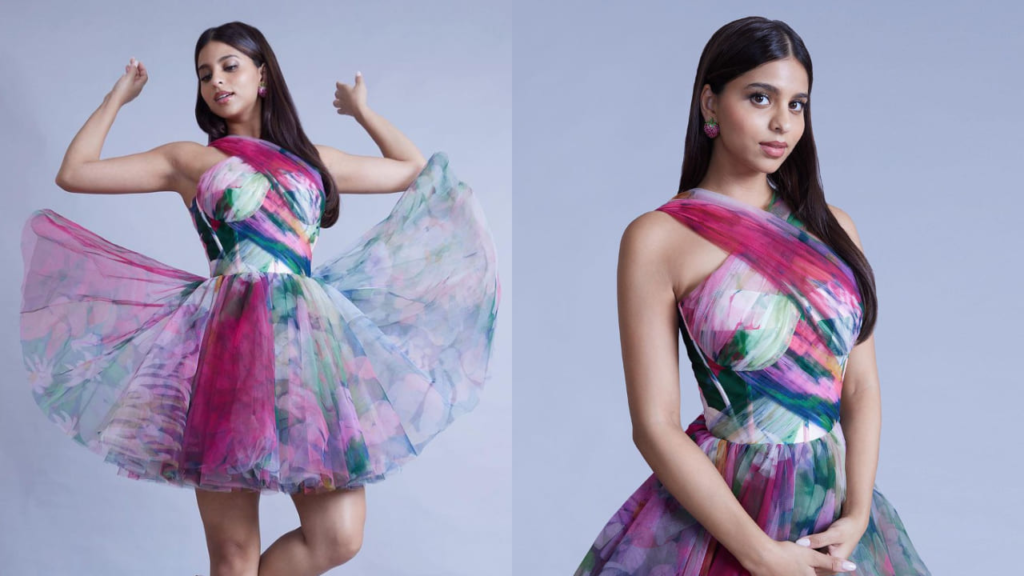 "Explore Suhana Khan's mesmerizing style as she dazzles in a floral mini dress by Gauri and Nainika. A modern fairy-tale aesthetic comes to life in her fashion choice."
