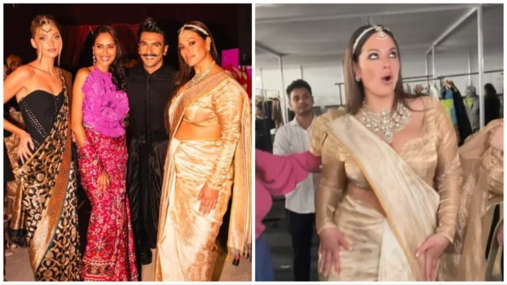 "International model Ashley Graham hops on the latest viral trend, thanks to Bollywood's own Ranveer Singh. Watch her elegance and beauty shine as she joins the craze, stunning in a golden saree."