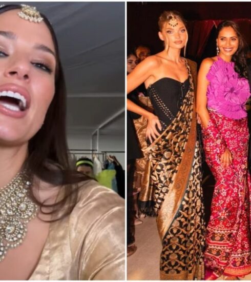 "International model Ashley Graham hops on the latest viral trend, thanks to Bollywood's own Ranveer Singh. Watch her elegance and beauty shine as she joins the craze, stunning in a golden saree."