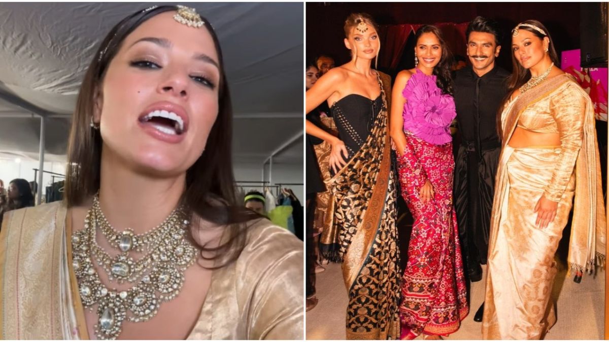 "International model Ashley Graham hops on the latest viral trend, thanks to Bollywood's own Ranveer Singh. Watch her elegance and beauty shine as she joins the craze, stunning in a golden saree."