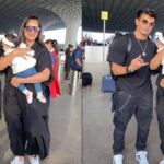 "Bipasha Basu and Karan Singh Grover turn heads in coordinated black outfits with daughter Devi as they jet off for a family vacation from Mumbai Airport."