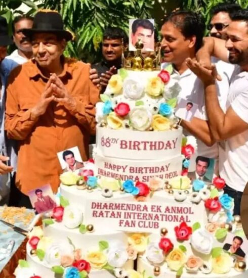 "Veteran actor Dharmendra celebrates his 88th birthday with son Sunny Deol, cutting a massive cake surrounded by fans and paparazzi. Watch the heartwarming moments!"