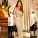 "Discover the allure of Pooja Hegde's recent fashion revelation, where she dazzles in a gleaming nude strapless top and high-waisted skirt, showcasing her innate elegance."