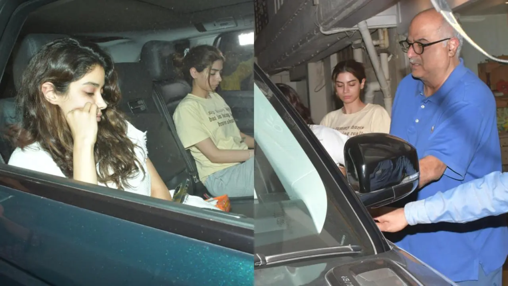 "Exclusive footage of Janhvi Kapoor, Khushi Kapoor, and Boney Kapoor leaving Anshula's birthday party at midnight. Casual chic and family love on display."
