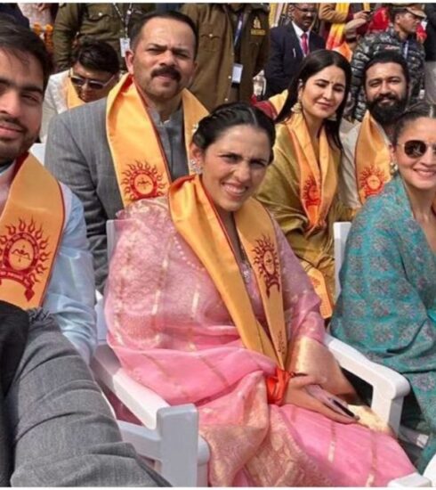 "Capturing the essence of history, Alia Bhatt, Ranbir Kapoor, and others create magic in a star-studded selfie at the Ram Mandir Pran Pratishtha ceremony in Ayodhya."