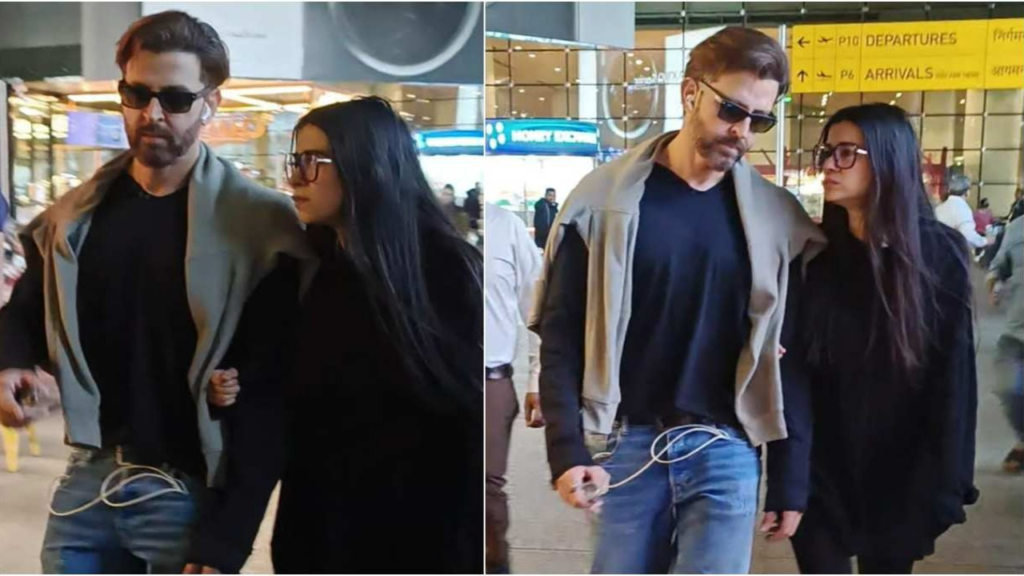 "Watch Hrithik Roshan and Saba Azad's uber-chic return to Mumbai after their New Year vacation. The lovebirds, known for their major couple fashion goals, were spotted at Mumbai Airport in stylish attire. Get the details on their relationship and Hrithik's upcoming Fighter movie."
