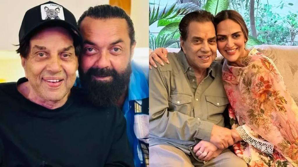 "Bobby Deol's latest Instagram post featuring a warm hug with father Dharmendra melts hearts. Sunny Deol and Esha Deol react with love and red-heart emojis."
