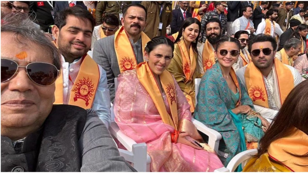 "Capturing the essence of history, Alia Bhatt, Ranbir Kapoor, and others create magic in a star-studded selfie at the Ram Mandir Pran Pratishtha ceremony in Ayodhya."
