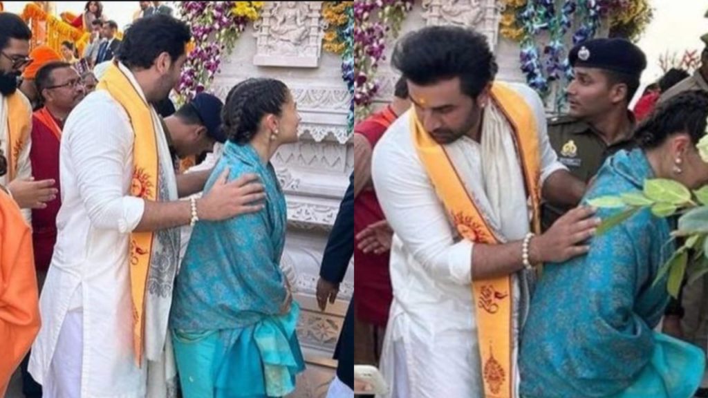 "Experience the charm as Ranbir Kapoor embraces his protective side at the Ram Temple, leaving fans awestruck. Alia Bhatt's luck shines through in these exclusive snapshots capturing the couple's heartwarming moments."






