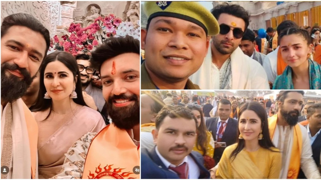 "Bollywood's elite, Ranbir Kapoor-Alia Bhatt and Katrina Kaif-Vicky Kaushal, spread joy at Ram Mandir, charming fans with spontaneous and heartfelt selfies."
