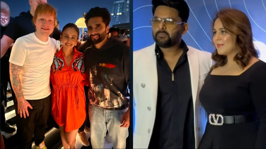 Celebrities gather at Kapil Sharma's party to honor Ed Sheeran's presence, with Rakul Preet Singh, Jackky Bhagnani, and Armaan Malik spotted among the attendees.