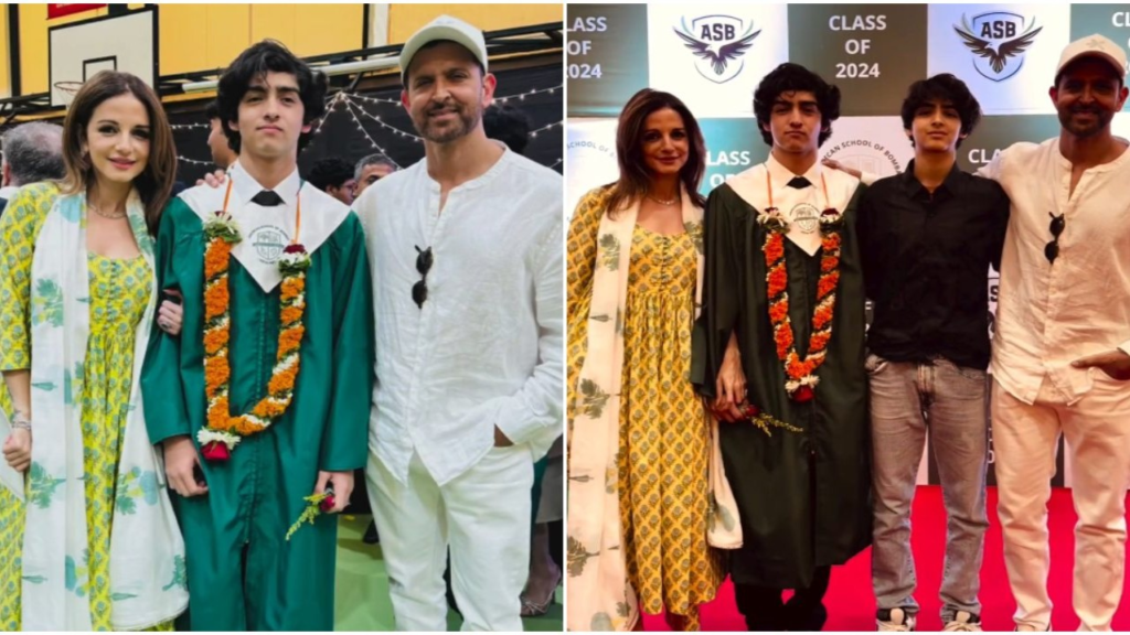 Hrithik Roshan's joy radiates as he reunites with ex-wife Sussane Khan and son Hrehaan to celebrate Hrehaan's graduation. Watch the heartwarming moment unfold.