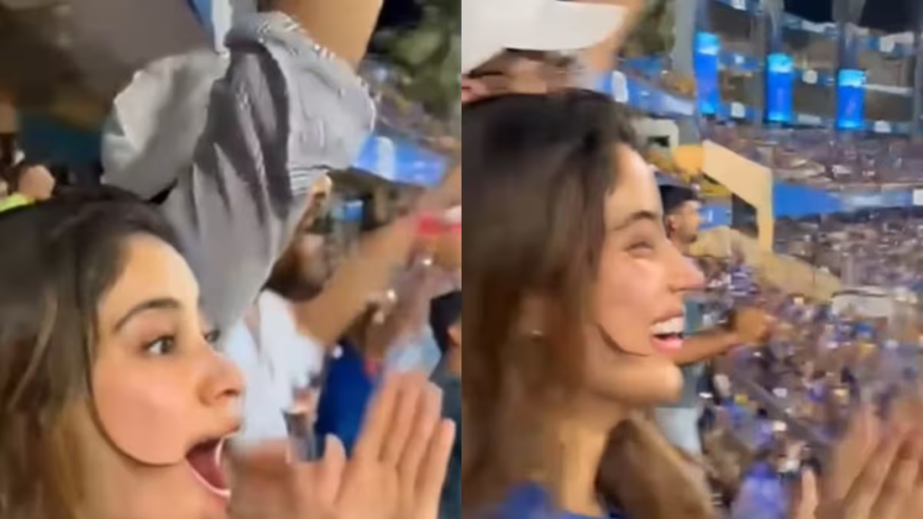 Bollywood actress Janhvi Kapoor was seen enjoying the MI vs KKR IPL match alongside "Mr & Mrs Mahi" director Sharan Sharma. However, fans noted the absence of Rajkummar Rao.